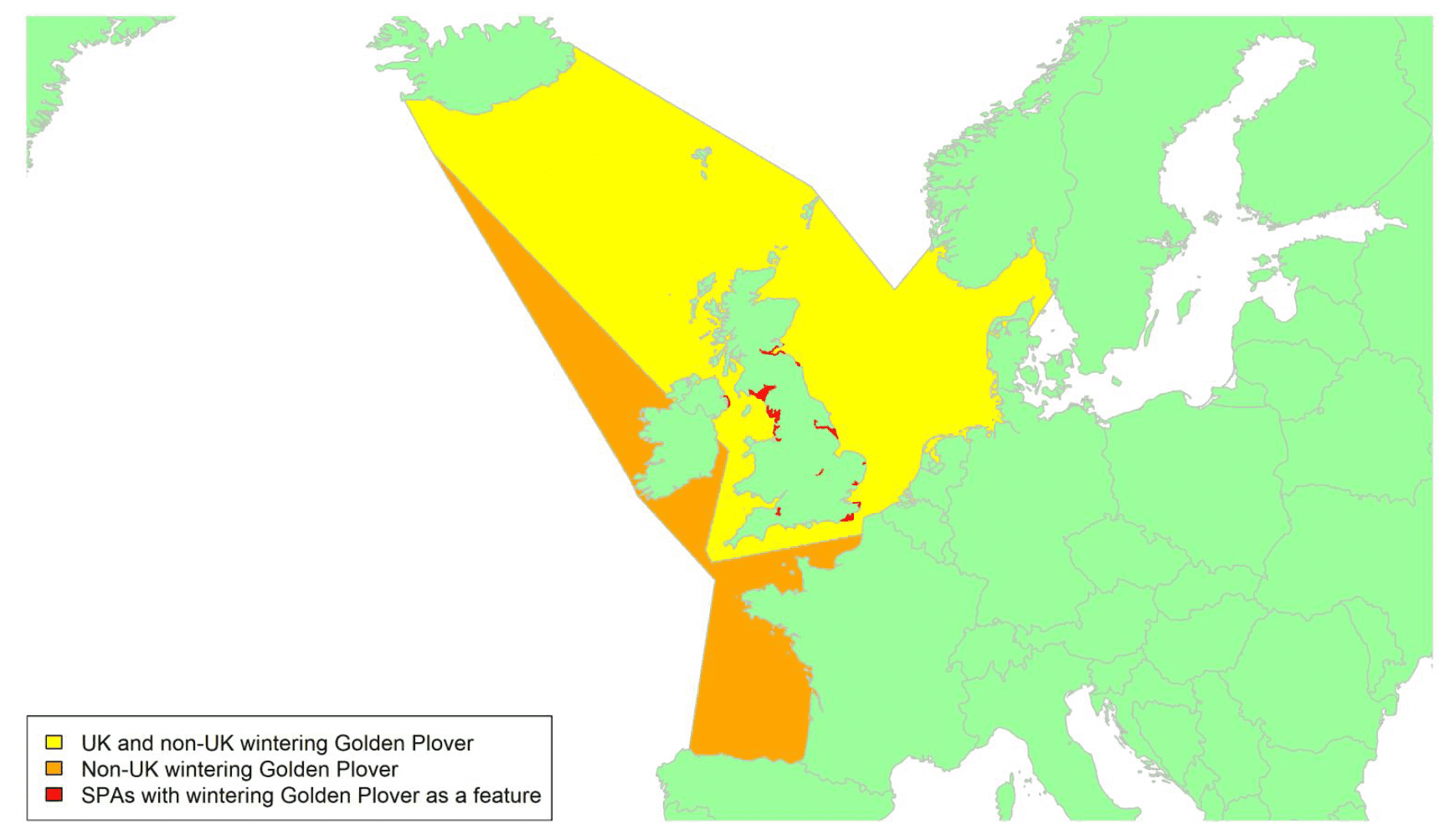 Map of North West Europe showing migratory routes and SPAs within the UK for wintering Golden Plover as described in the text below.