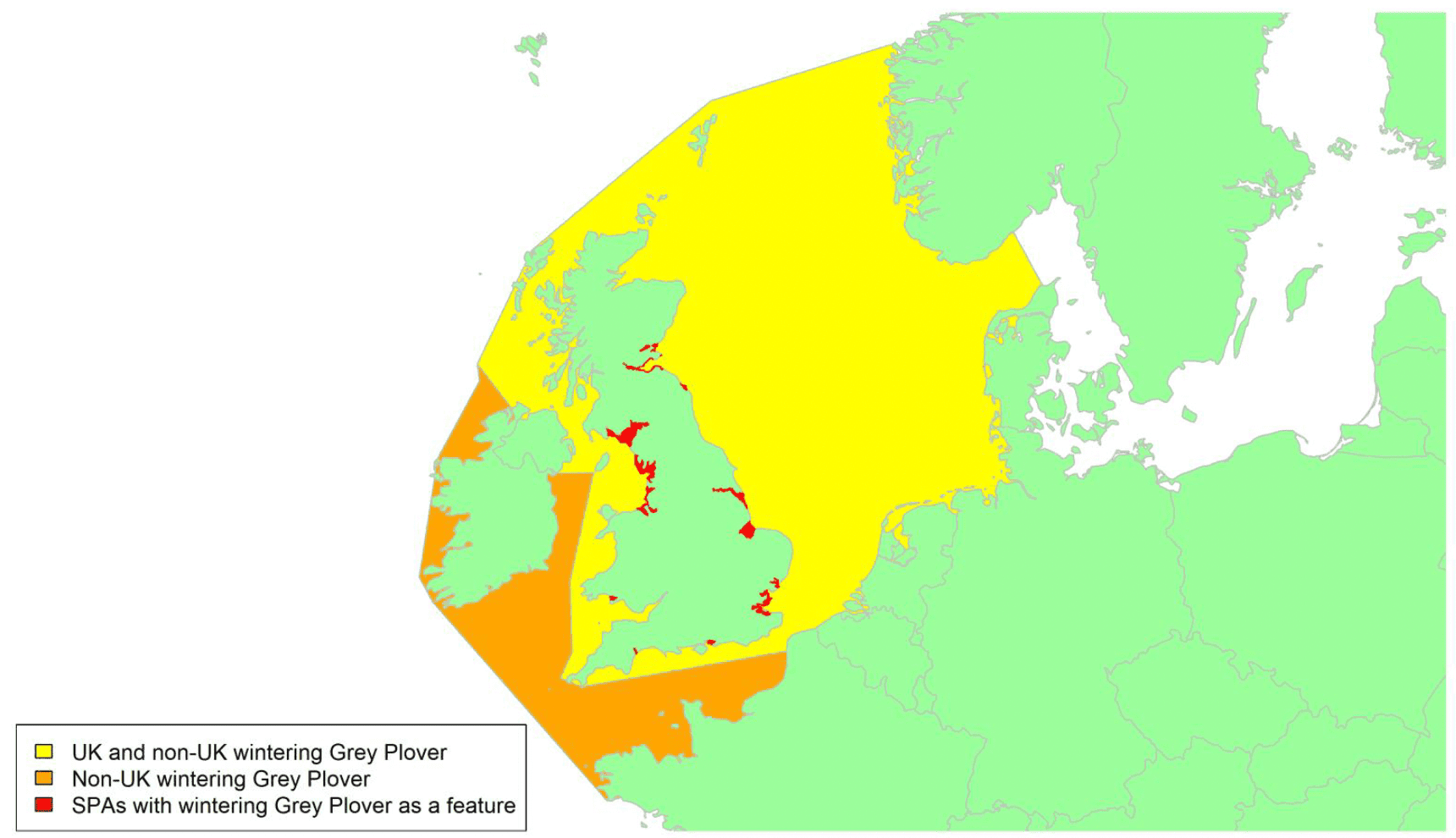 Map of North West Europe showing migratory routes and SPAs within the UK for Grey Plover as described in the text below.