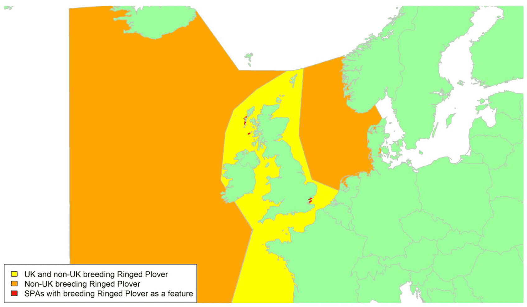 Map of North West Europe showing migratory routes and SPAs within the UK for breeding Ringed Plover as described in the text below.