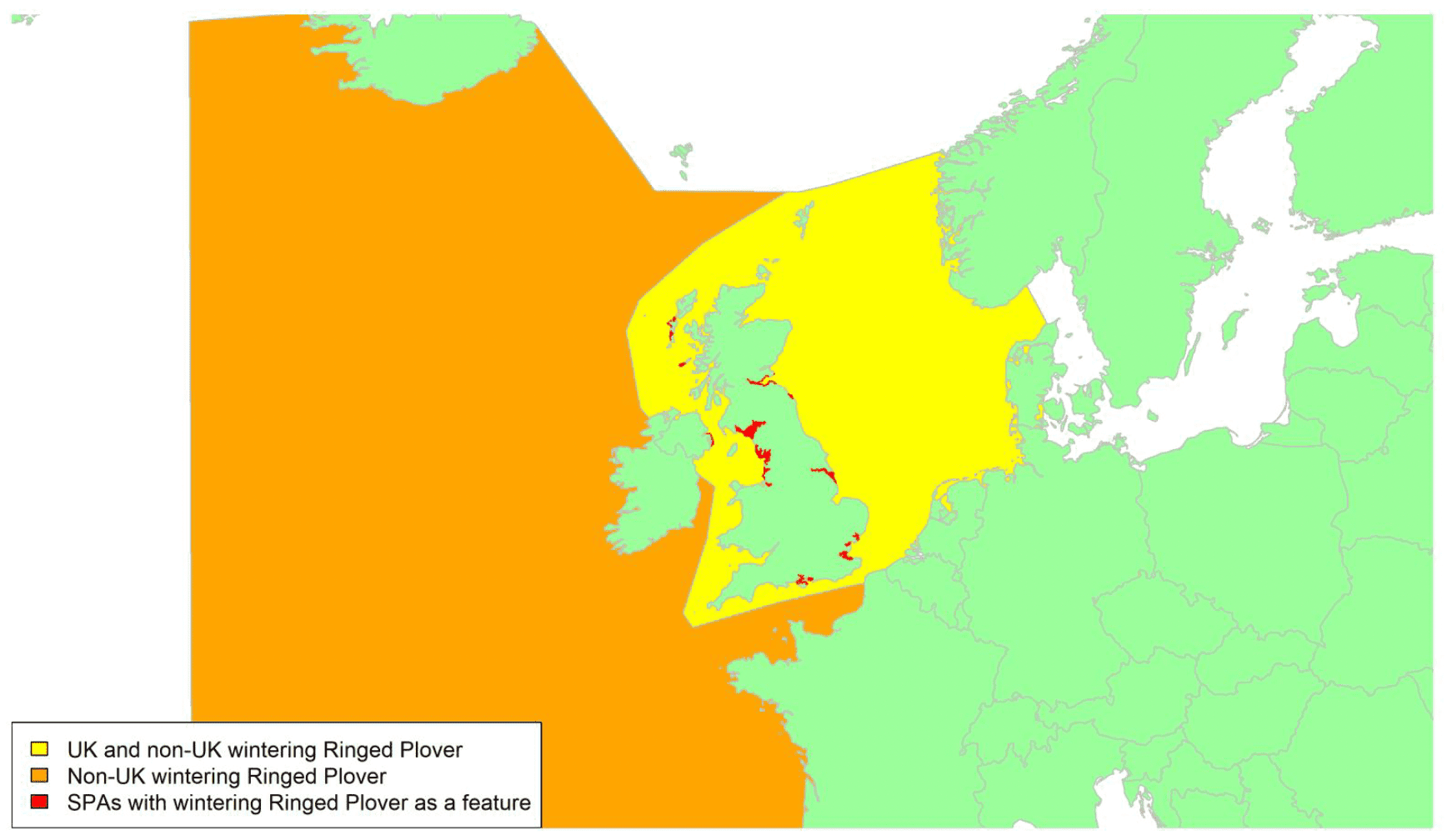 Map of North West Europe showing migratory routes and SPAs within the UK for wintering Ringed Plover as described in the text below.