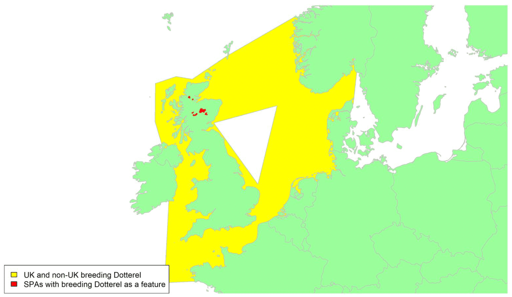 Map of North West Europe showing migratory routes and SPAs within the UK for Dotterel as described in the text below.