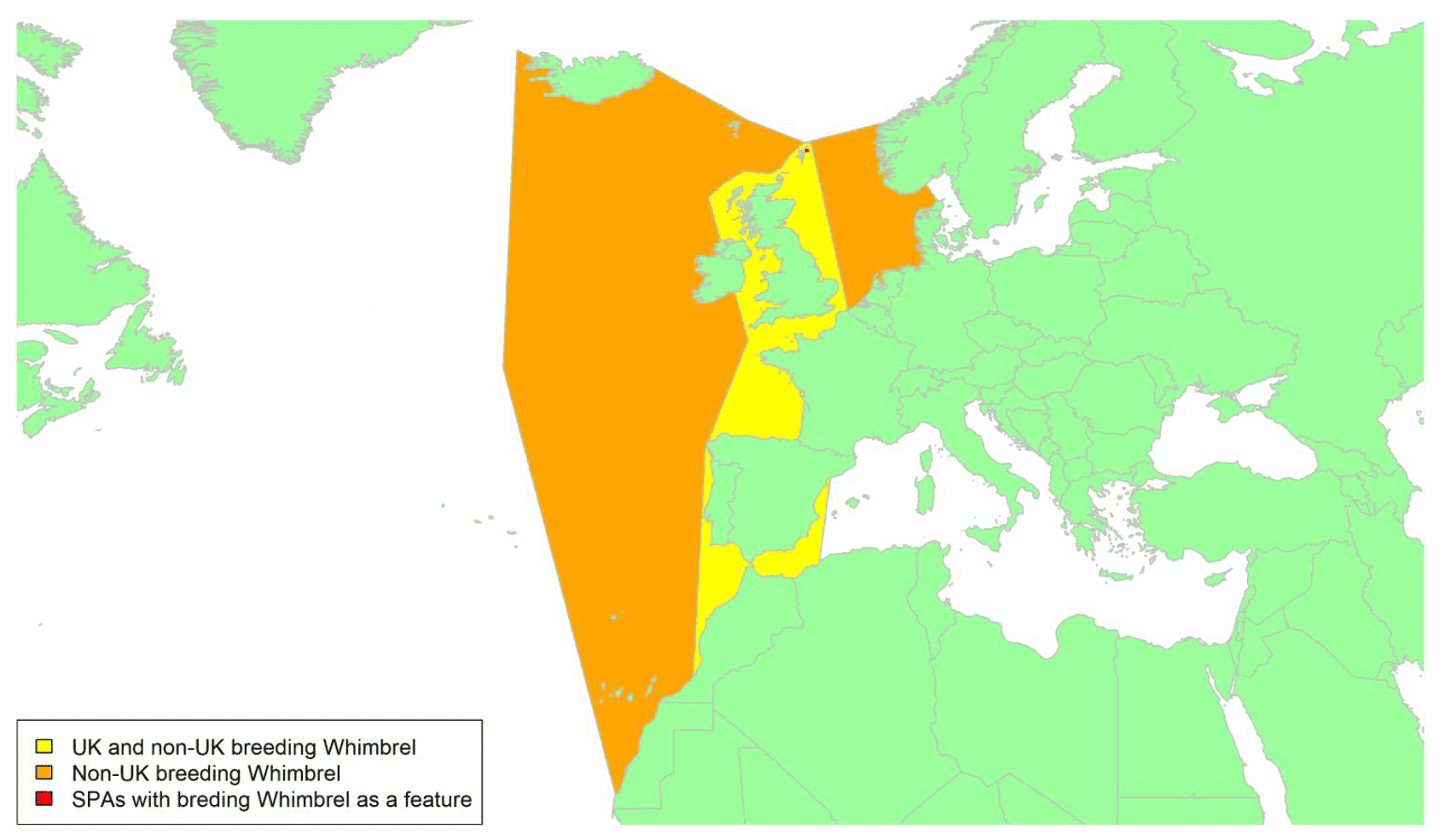 Map of Europe and Northern Africa showing migratory routes and SPAs within the UK for Whimbrel as described in the text below.