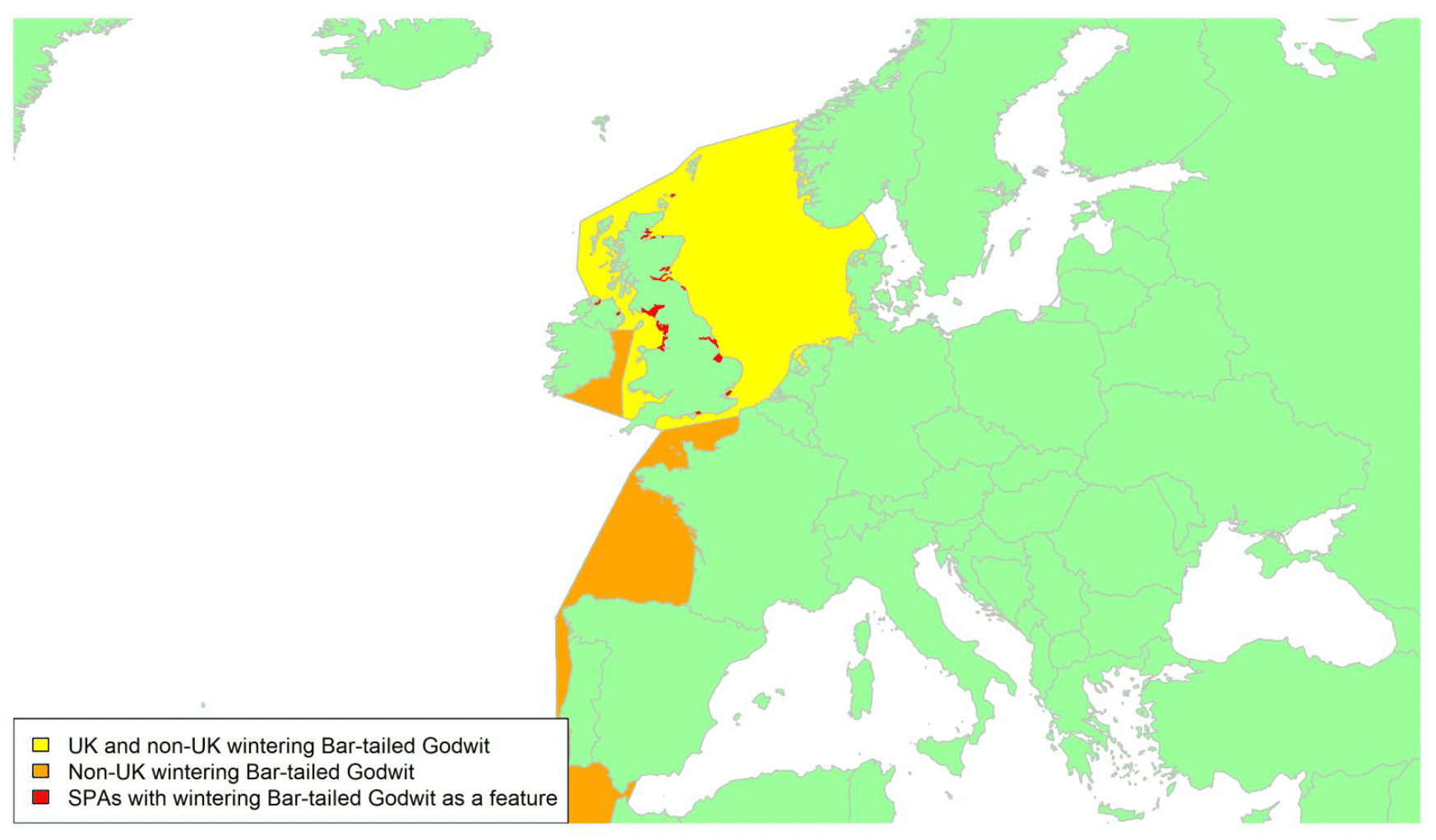 Map of North West Europe showing migratory routes and SPAs within the UK for Bar-tailed Godwit as described in the text below.