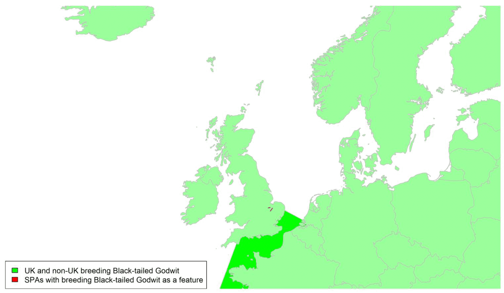 Map of North West Europe showing migratory routes and SPAs within the UK for breeding Black-tailed Godwit as described in the text below.