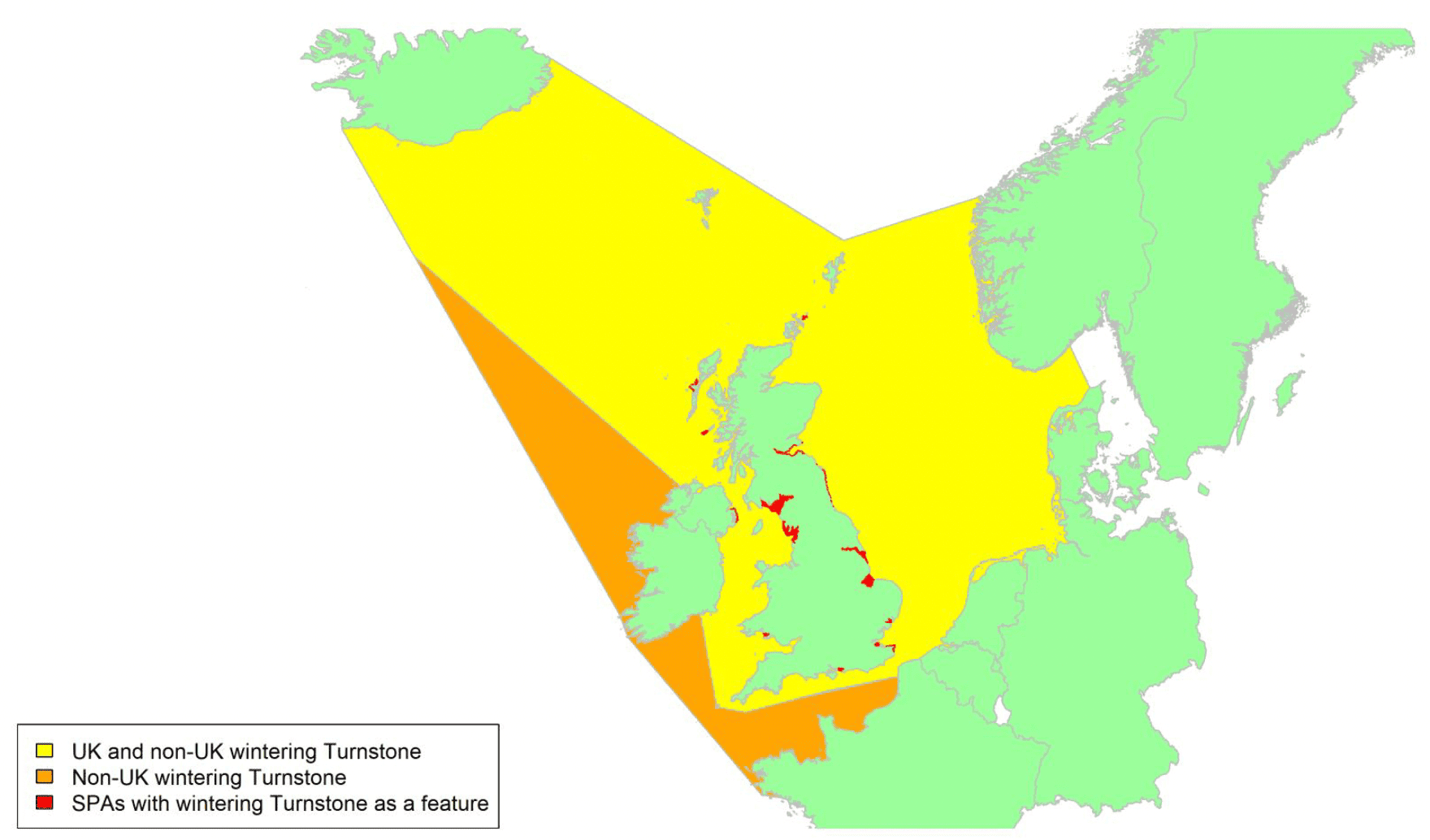 Map of North West Europe showing migratory routes and SPAs within the UK for Turnstone as described in the text below.