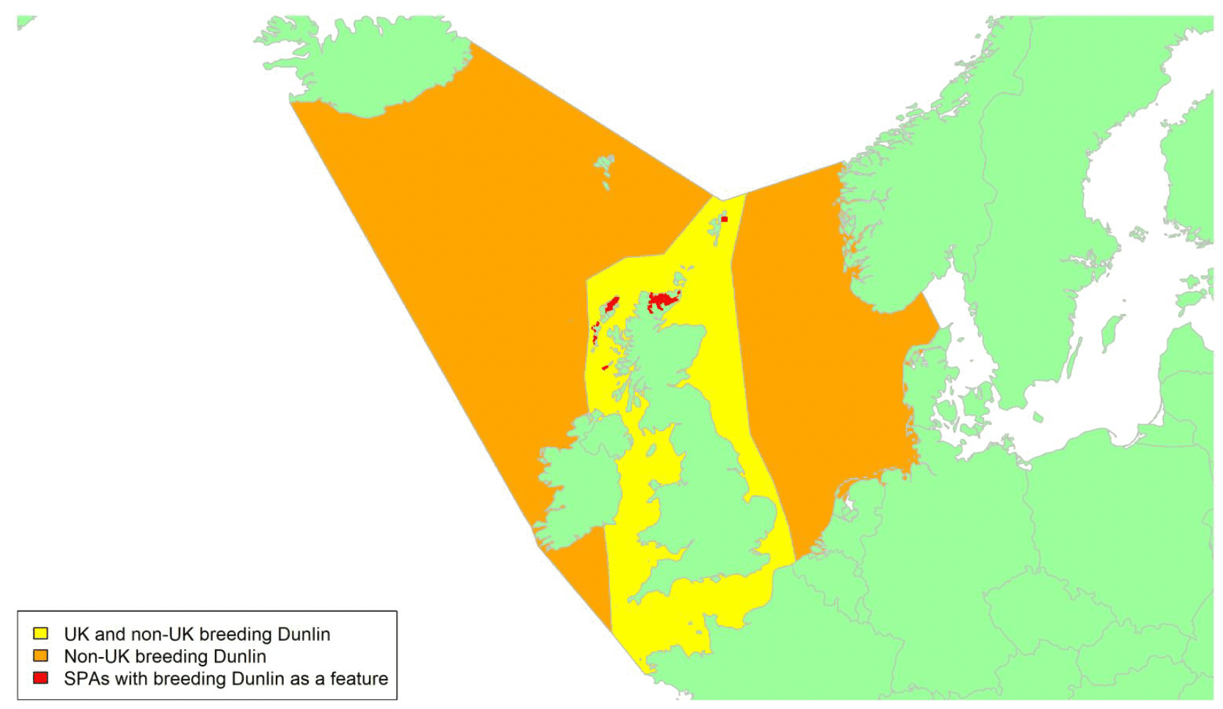 Map of North West Europe showing migratory routes and SPAs within the UK for breeding Dunlin as described in the text below.