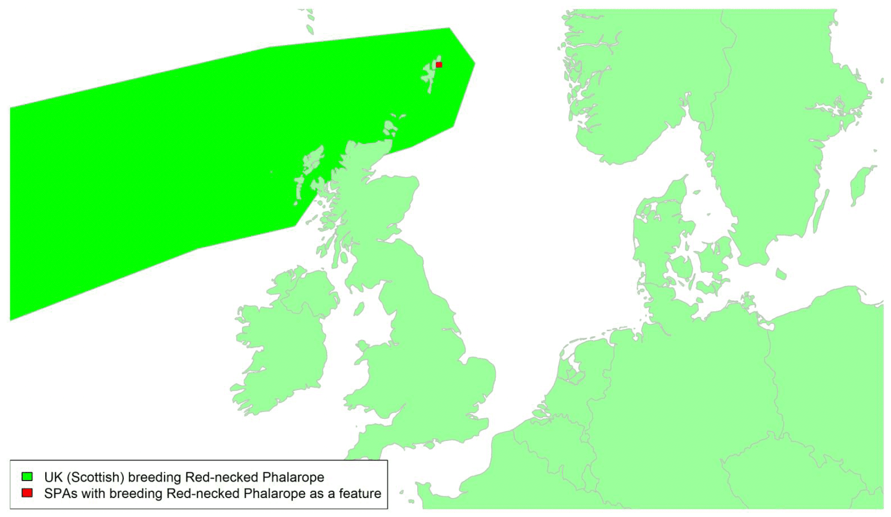 Map of North West Europe showing migratory routes and SPAs within the UK for Red-necked Phalarope as described in the text below.