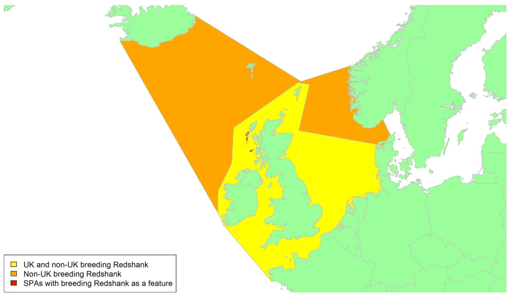 Map of North West Europe showing migratory routes and SPAs within the UK for breeding Redshank as described in the text below.