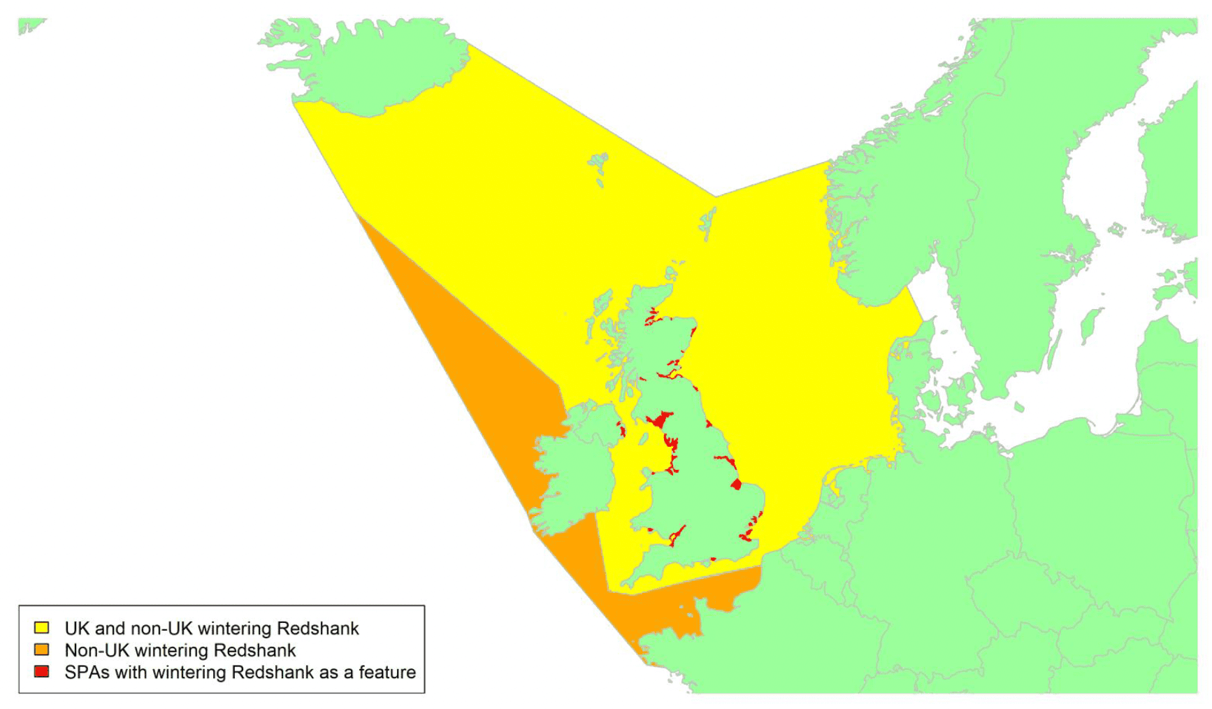 Map of North West Europe showing migratory routes and SPAs within the UK for wintering Redshank as described in the text below.