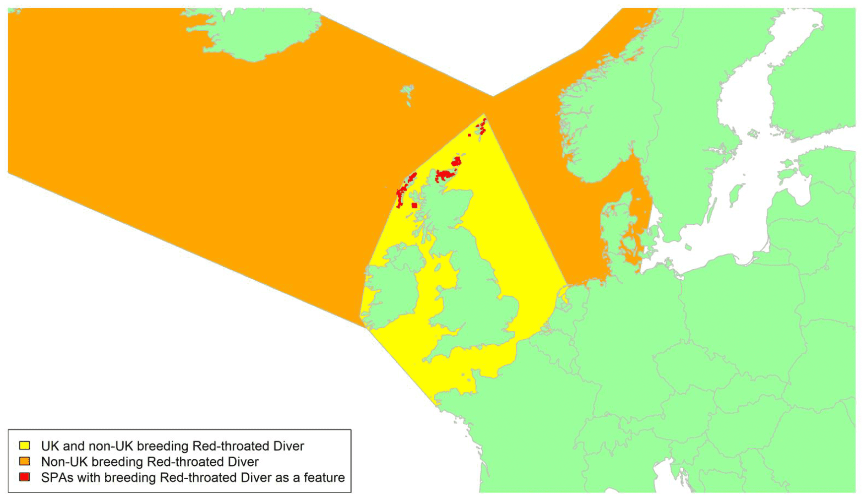 Map of North West Europe showing migratory routes and SPAs within the UK for breeding Red-throated Diver as described in the text below.