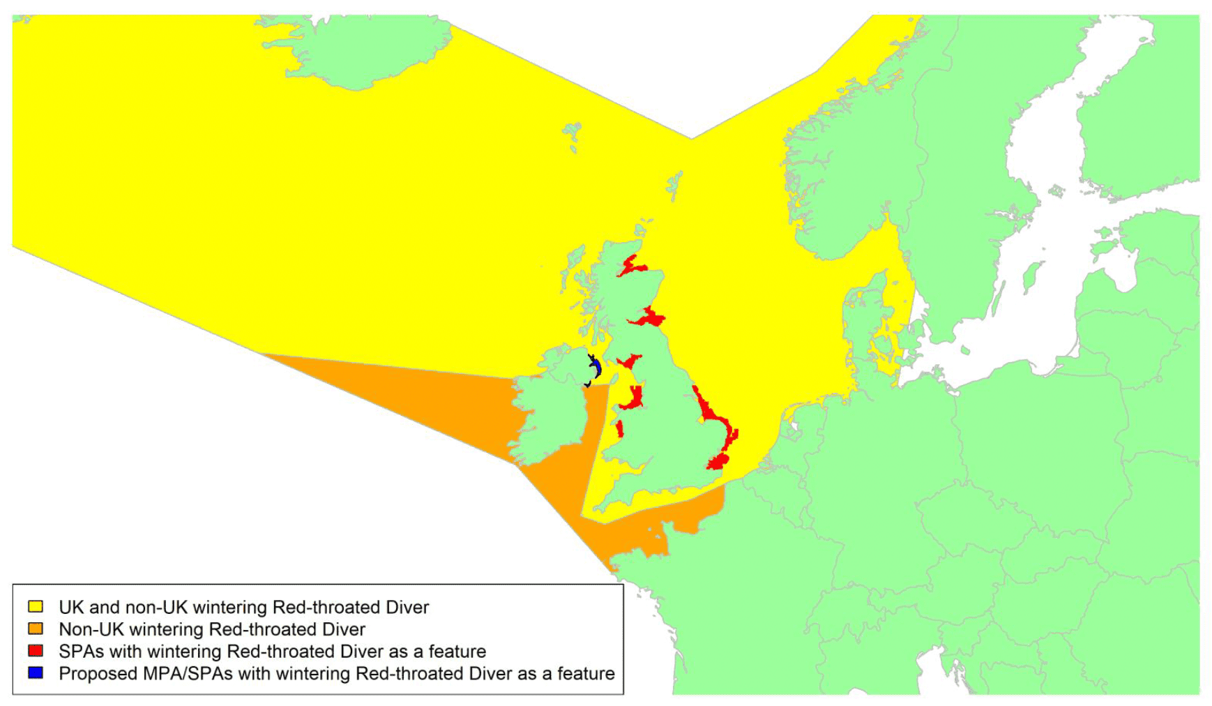 Map of North West Europe showing migratory routes and SPAs within the UK for wintering Red-throated Diver as described in the text below.