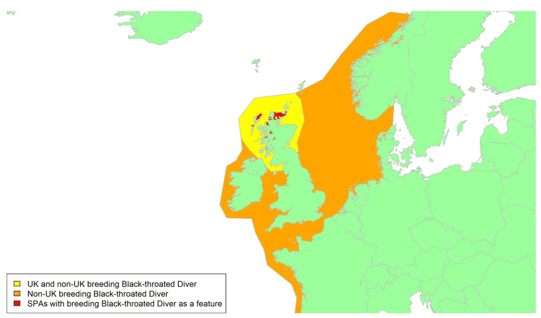 Map of North West Europe showing migratory routes and SPAs within the UK for breeding Black-throated Diver as described in the text below.