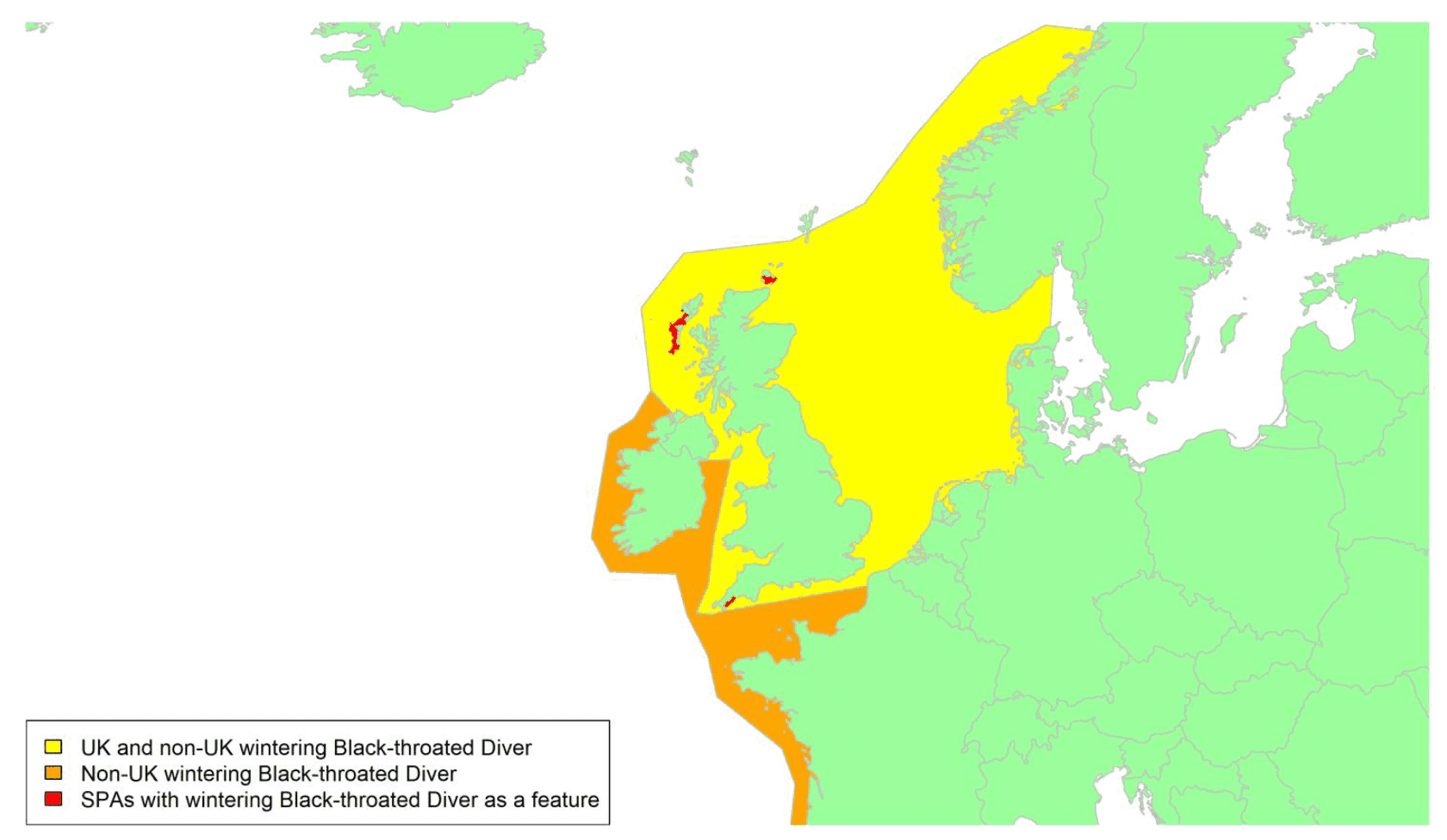 Map of North West Europe showing migratory routes and SPAs within the UK for wintering Black-throated Diver as described in the text below.