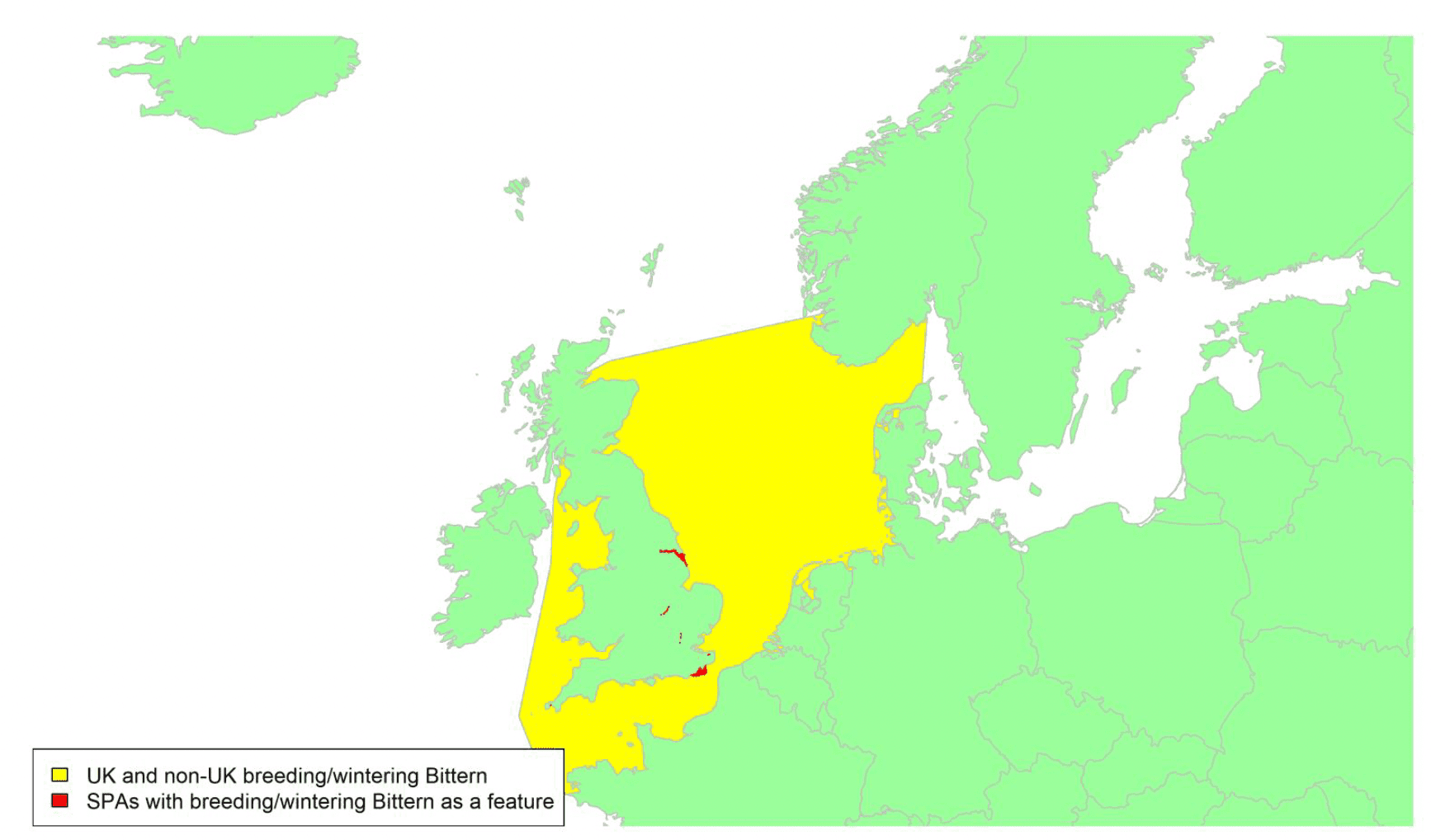 Map of North West Europe showing migratory routes and SPAs within the UK for Bittern as described in the text below.