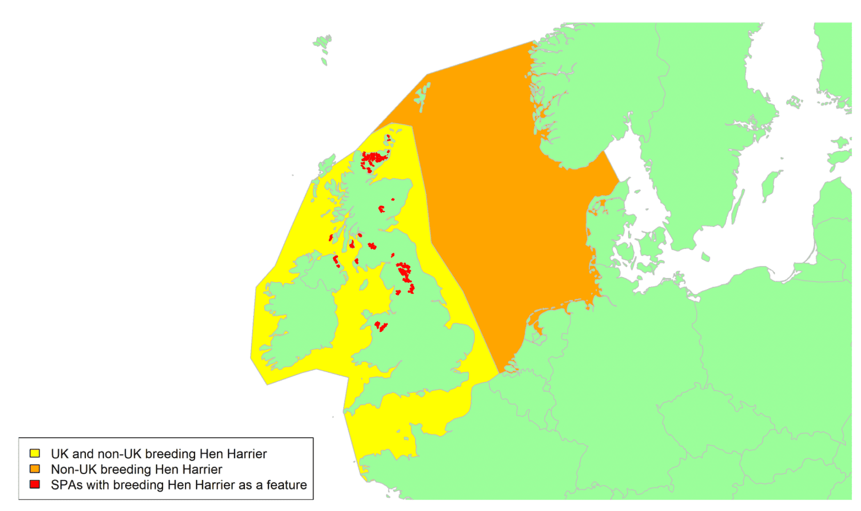 Map of North West Europe showing migratory routes and SPAs within the UK for Hen Harrier as described in the text below.