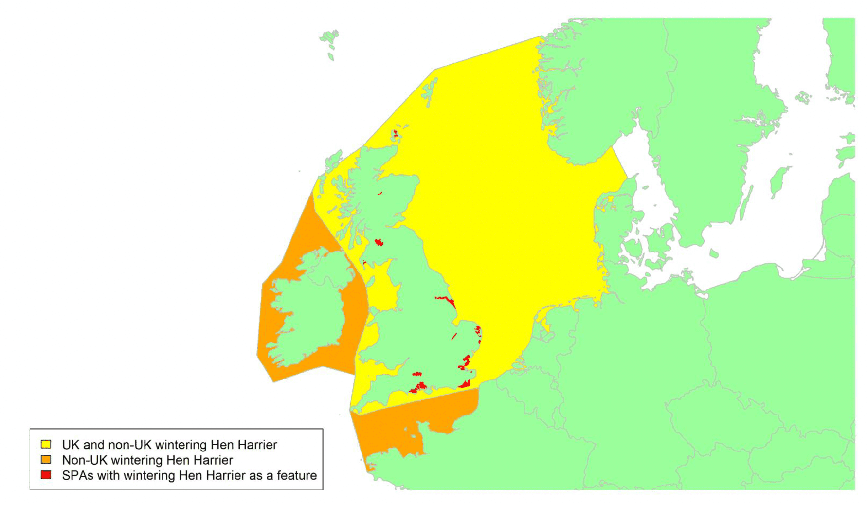Map of North West Europe showing migratory routes and SPAs within the UK for wintering Hen Harrier as described in the text below.