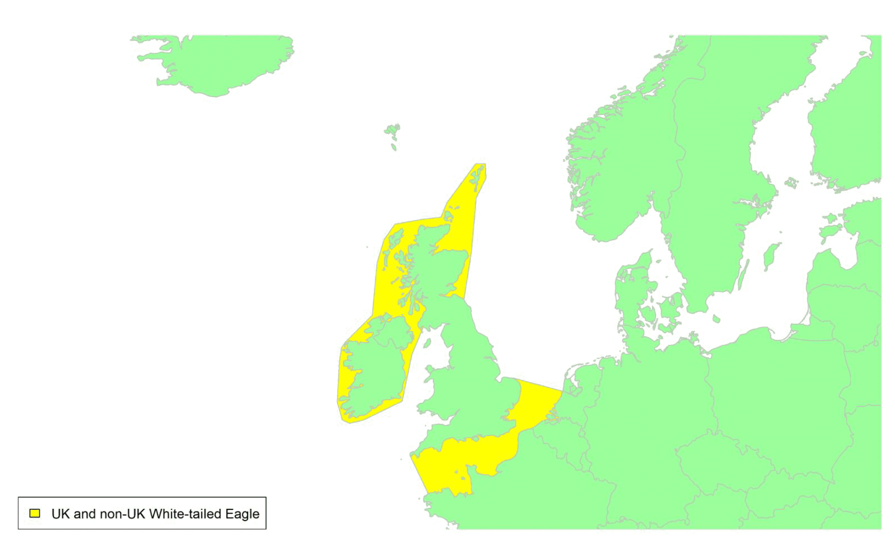 Map of North West Europe showing migratory routes and SPAs within the UK for White-tailed Eagle as described in the text below.