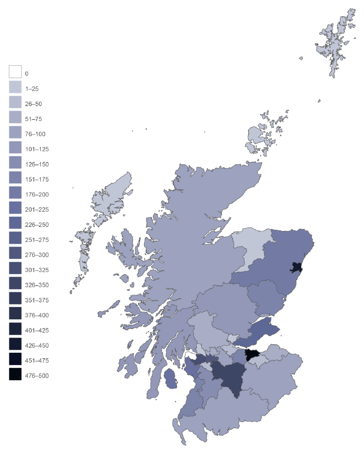 Image of Scotland detailing the total number of individuals that have arrived at longer-term accommodation under Ukraine Super Sponsor Scheme by local authority.
