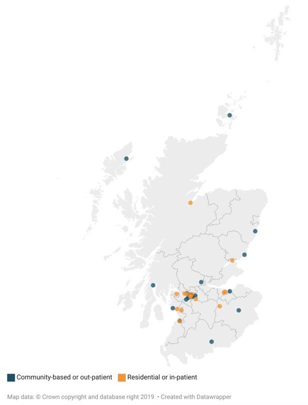 A map of Scotland showing the location of the residential and community-based providers. The highest concentrations if providers are in Glasgow City's local authority area. 