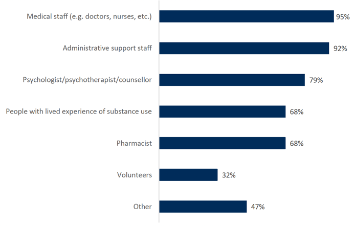 Bar chart showing the different profession employed by stabilisation providers. A range of professions are employed, the most common of which are medical staff (95%), administrative staff (92%) and mental health professionals (79%). 