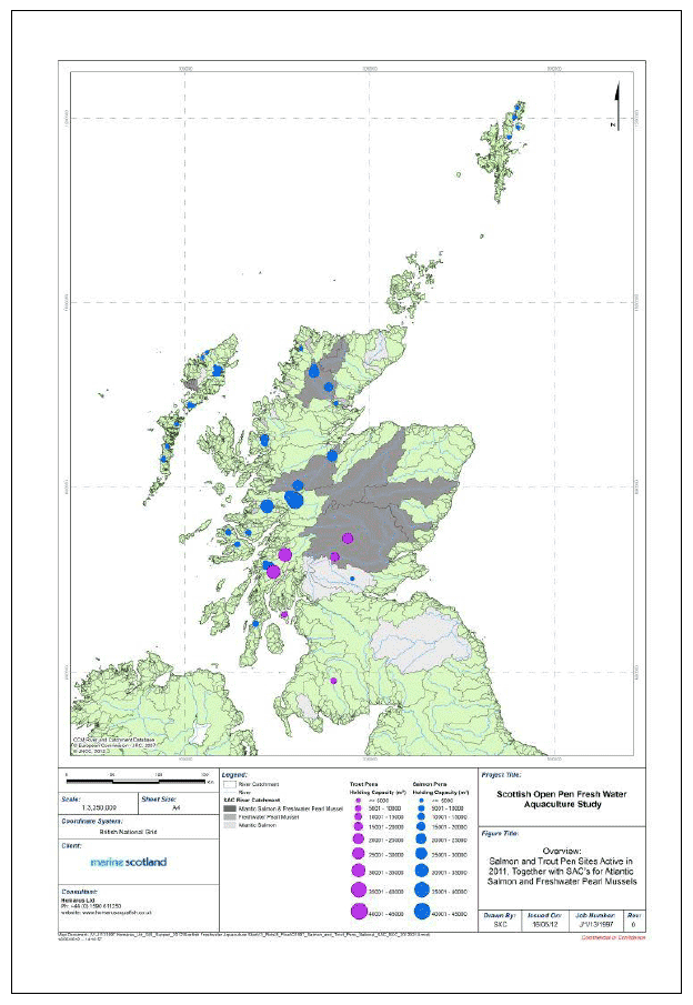 Figure 8a: Catchment map showing locations and capacities of active freshwater pen sites, by species, also locations of SAC's for Atlantic salmon and freshwater pearl mussels: National map