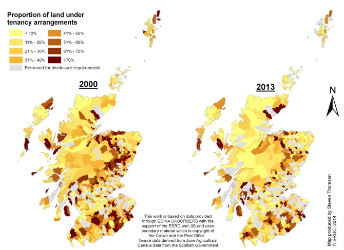 Figure 9 Proportion of non-croft holding land let under tenure arrangements by parish, 2000 and 2013