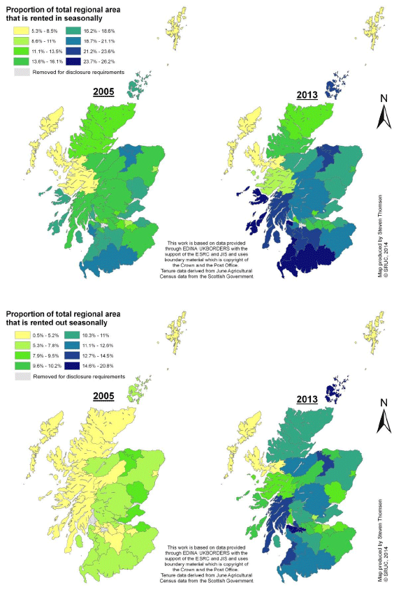 Figure 26 Area of seasonally let-in and let-out land by NUTSIV region, 2005 and 2013 (from IACS)