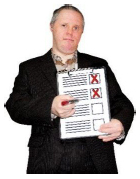 person holding document with boxes checked with red crosses