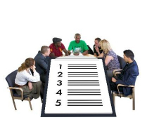 people sitting around a meeting table with checklist numbered one to five