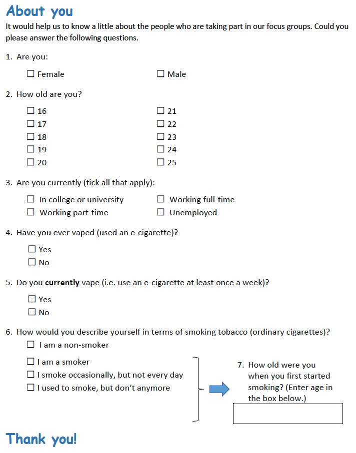 Self-compltion questionnaire for participants
