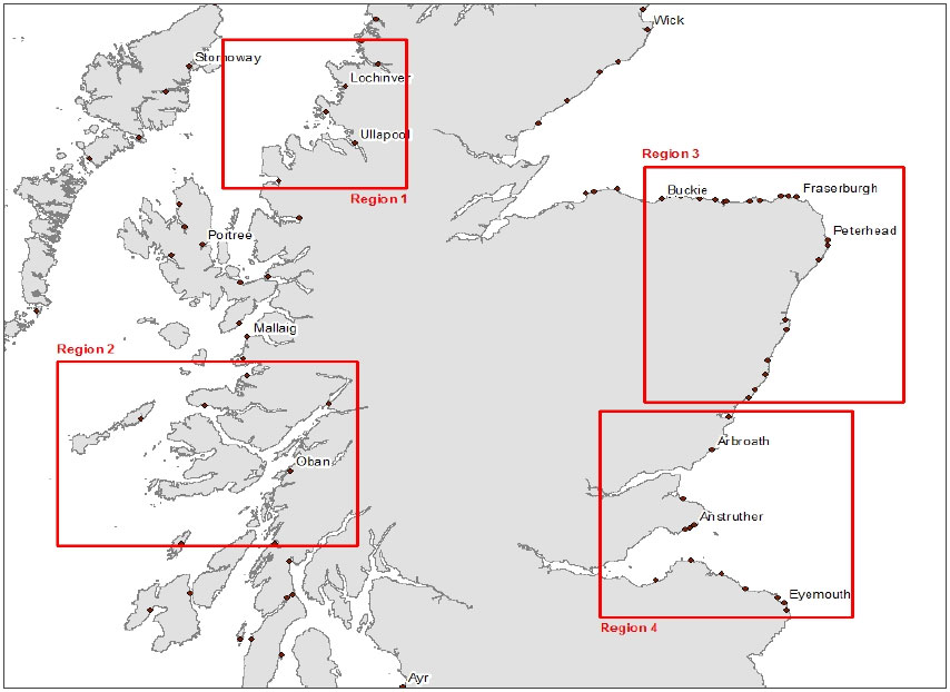 Figure 1: Map of survey regions. Region 1 – Achilitibuie to Gairloch (North West); region 2 – Oban to Isle of Mull (South West); region 3 – Buckie to Gourdon (North East); and region 4 – Arbroath to Eyemouth (South East)