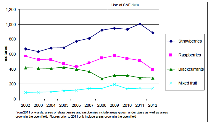 Chart 11: Soft Fruit trends (both open field and plastic and glasshouse crops) 2002 to 2012