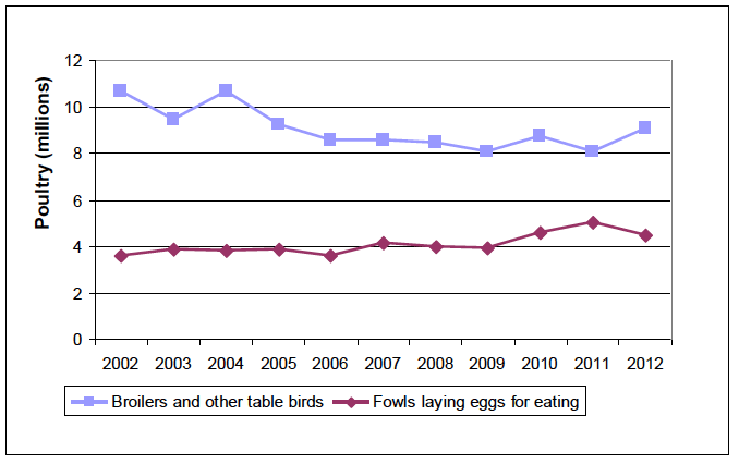 Chart 20: Trends in Broiler and Table Birds, and Fowls for producing eggs, 2002 to 2012
