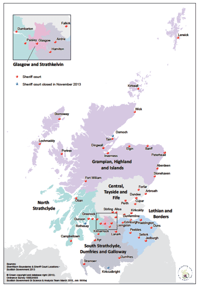 Figure 1: Location of the sheriff courts in Scotland in 2013-14