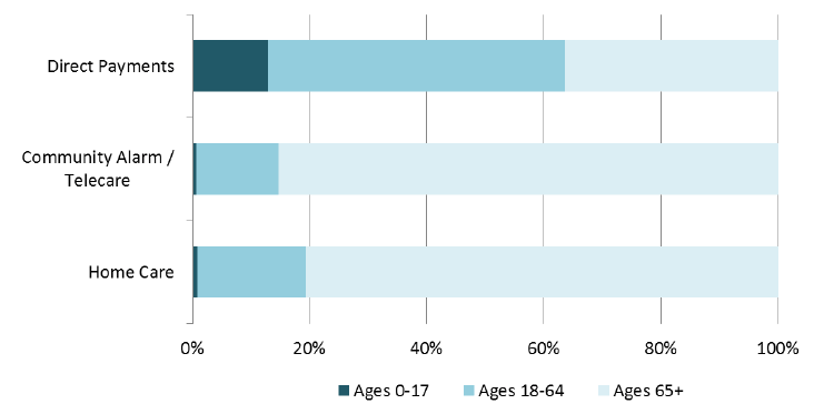 Figure 9: Home Care, Community Alarm/Telecare and Direct Payments clients, by age, 2015