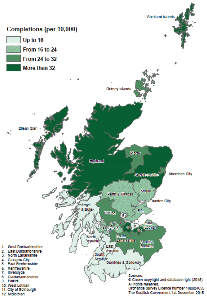 Map B: New build housing - private sector completions: rates per 10,000 population, year to end June 2015