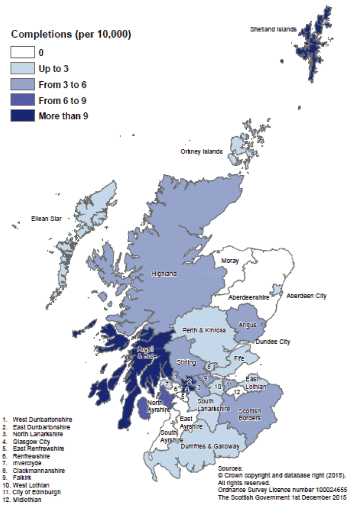 Map C: New build housing - housing associations sector completions: rates per 10,000 population, year to end June 2015