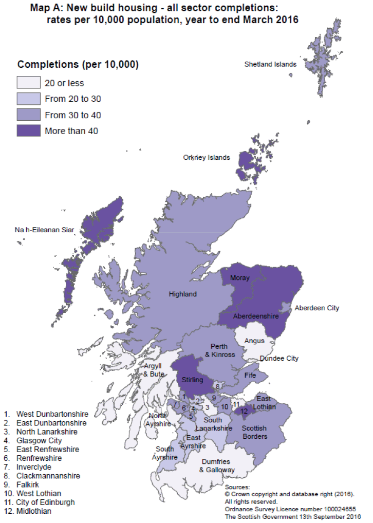 Map A: New build housing - all completions: rates per 10,000 population, year to end March 2016