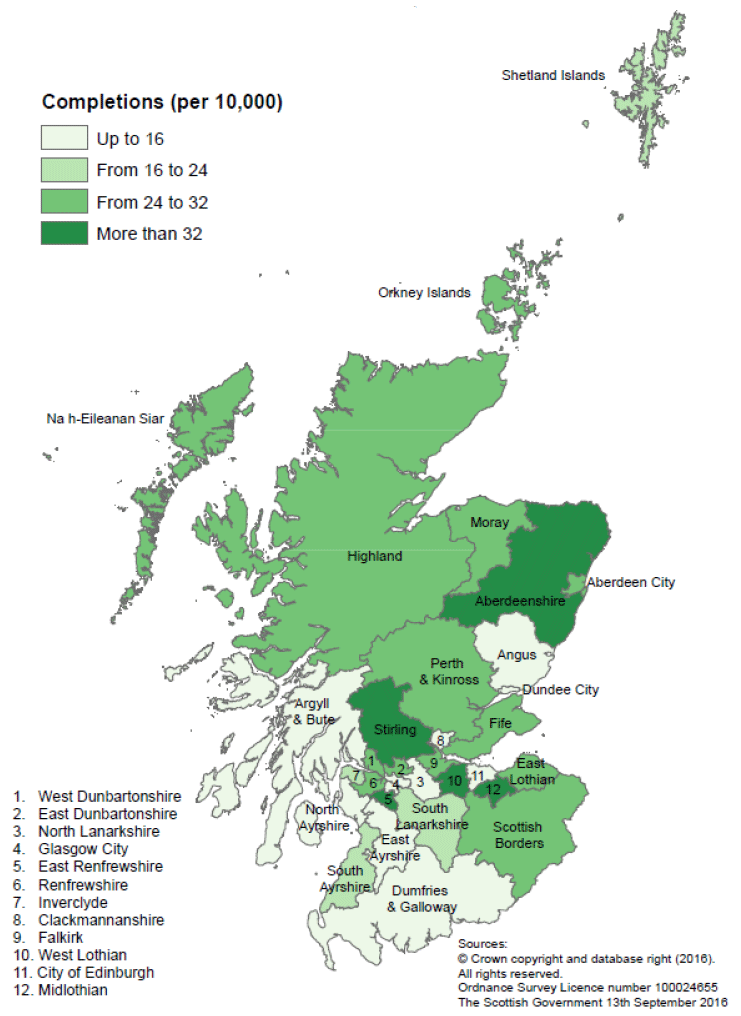 Map B: New build housing - private sector completions: rates per 10,000 population, year to end March 2016