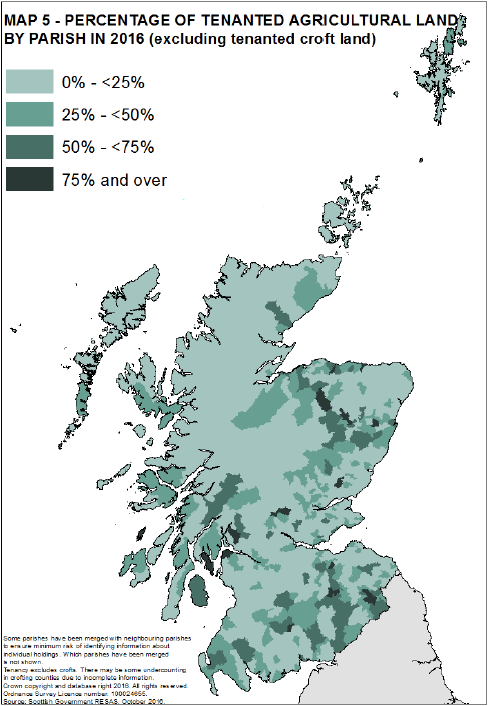 Map 5: Percentage of tenanted agricultural land by parish in 2016 (excluding tenanted croft land)