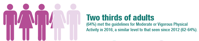 Two thirds of adults 64% met the guidlines for the Moderate or Vigorous Physical Activity in 2016, a similar level to that seen since 2012 62-64%