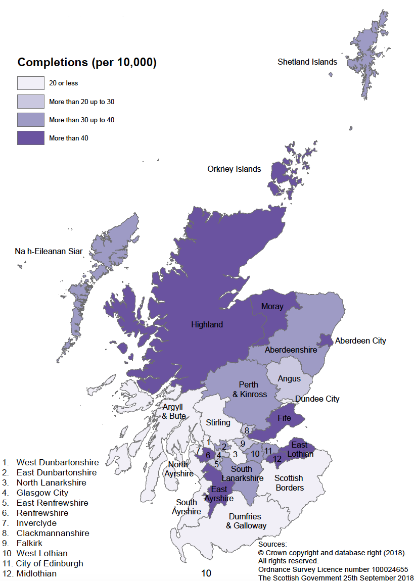 Map A: New build housing - All sector completions: rates per 10,000 population, year to end March 2018