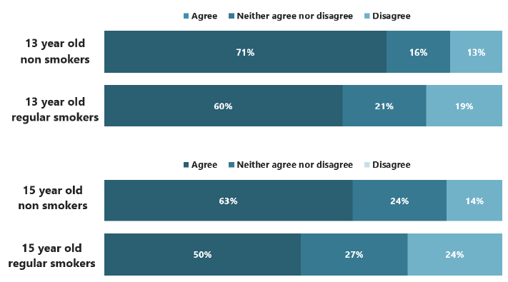 Figure 6.2: Whether pupils agree that their school provides enough advice and support about smoking, by age and smoking status (2018)
