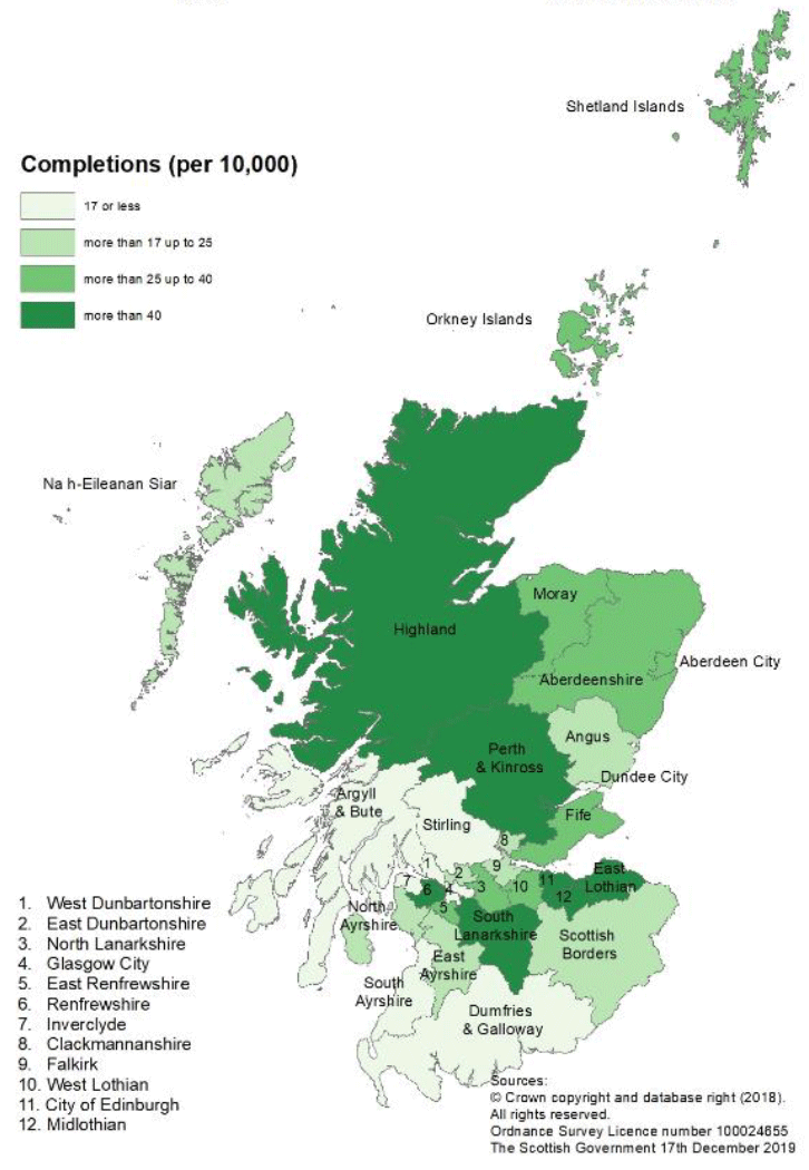 Map B: New build housing - Private Sector completions: rates per 10,000 population, year to end June 2019
