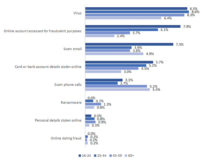 Chart showing percentage of people having experienced each type of cyber fraud and computer misuse in 2018/19 by age