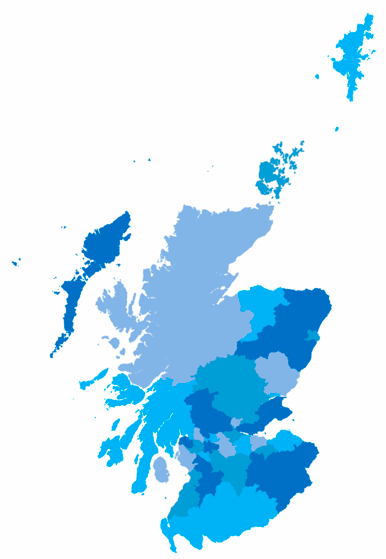 Map of Scotland showing the 32 councils