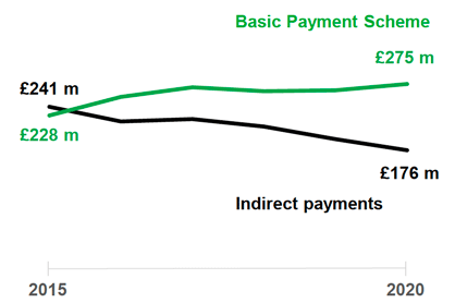 A line chart comparing the value of the Basic Payment Scheme and indirect payments from 2015 to 2020. 