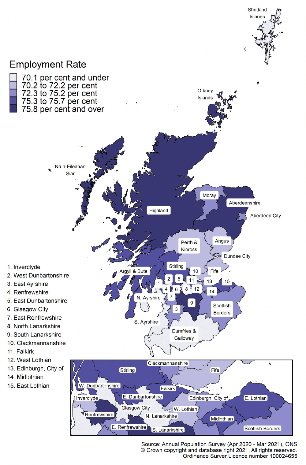 Map of Scotland showing employment rate ranges by local authority area for ages 16 to 64 in April 2020-March 2021
