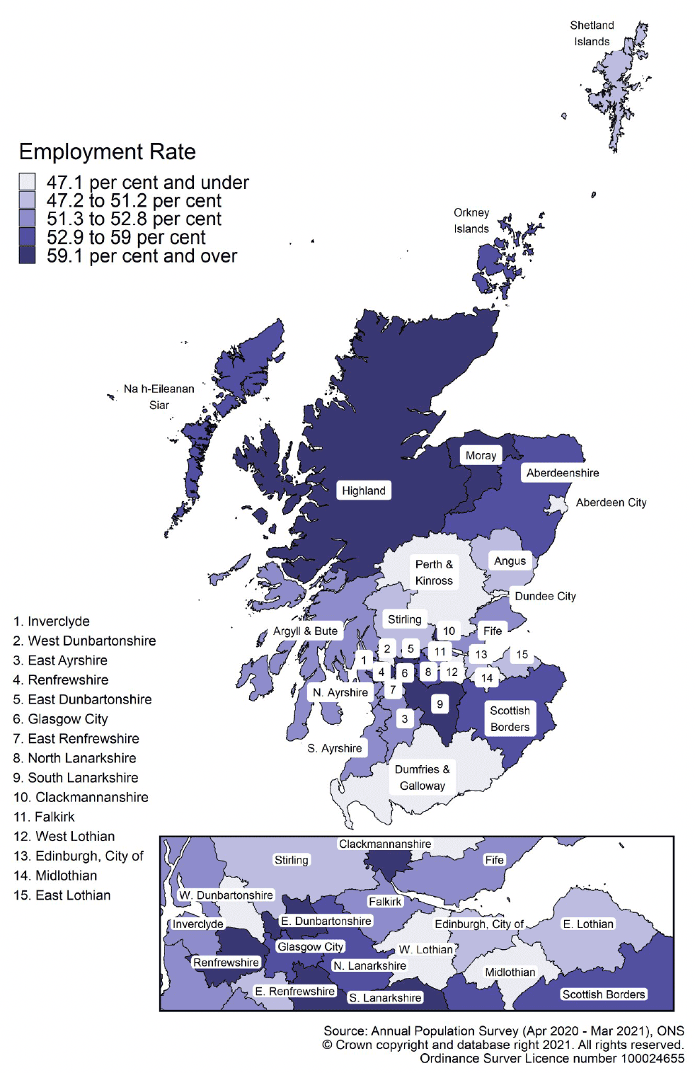 Map of Scotland showing employment rate ranges by local authority area for 16 to 24 year olds in April 2020-March 2021