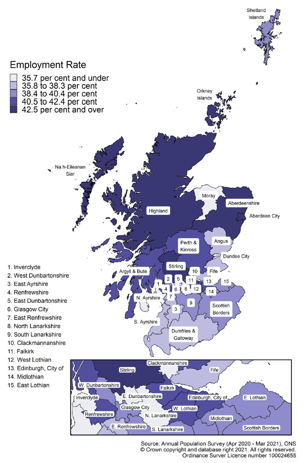 Map of Scotland showing employment rate ranges by local authority area for ages 50 and over in April 2020-March 2021